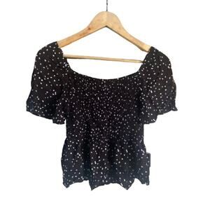 Kirious Los‎ Angeles Black White Smocked Fit Flare Flounce Sleeve Top Sz S
